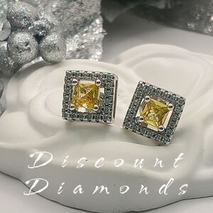 1 Ct. Yellow Square Radiant Cut Halo Moissanite Stud 925 Silver